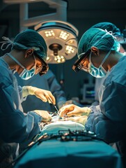 Professional photo of advanced robotic surgery in progress, high-tech operating room with bright lighting