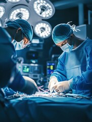 Professional photo of advanced robotic surgery in progress, high-tech operating room with bright lighting