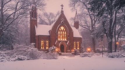 Snow-Covered Brick Church with Illuminated Stained Glass Windows at Dusk