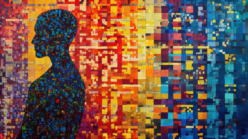 Poster genetic code symbols blend with a human figure, illustrating the relationship between genetics and h