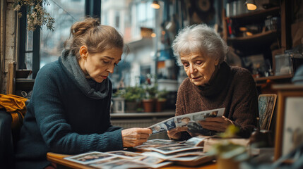 A caregiver gently assists an elderly woman with dementia as they organize family photos together in a warm, inviting café atmosphere