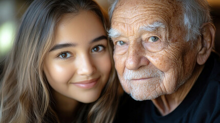 A caregiver gently helps an elderly man with dementia recall familiar objects, sharing warm expressions in a cozy setting
