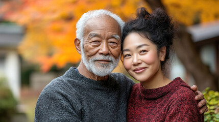 Fototapeta premium A caregiver gently helps an elderly man with dementia remember familiar objects on a sunny autumn day, creating a warm connection