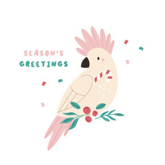 Christmas Greeting Card with Funny Cockatoo Sitting in Bushes. Australian Holiday Illustration, Design. © danceyourlife