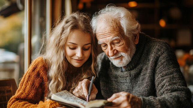 A caregiver helps a senior man express gratitude by writing in a journal, illuminated by warm and soft lighting