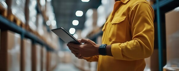 Digital Transformation Supply Chain, A warehouse worker using a tablet to monitor supply chain logistics in real time, with automated tracking and analytics
