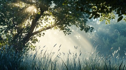 Fototapeta premium The light of the dawn sun barely emerging from behind the horizon breaks through the branches of trees and grass