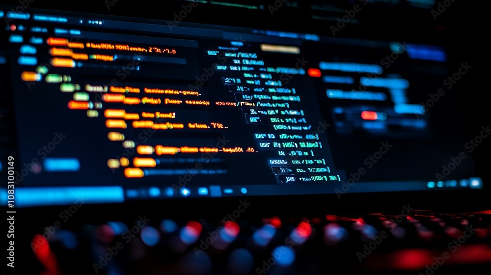 Poster a close-up of code on a screen, showcasing programming and technology in a dark setting.