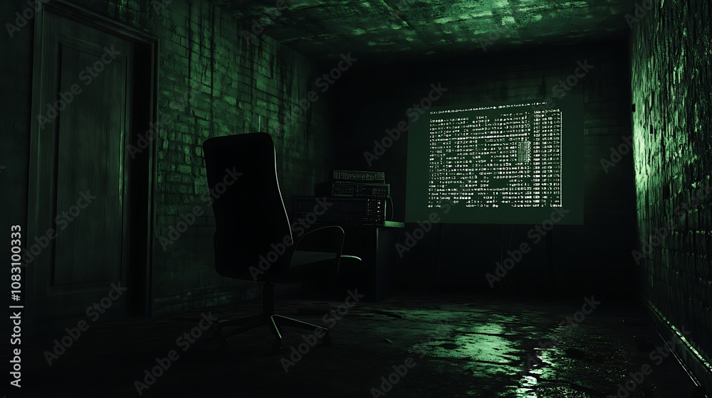 Poster a dimly lit room featuring a computer screen displaying code, evoking a tech atmosphere.