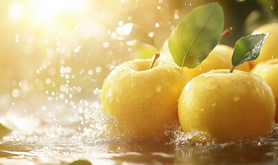 Fresh golden apple fruits and water splashing, generated ai
