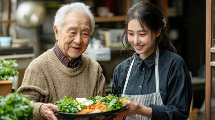 An elderly couple shares a nutritious meal, while their young caregiver observes with a supportive smile in a warm kitchen