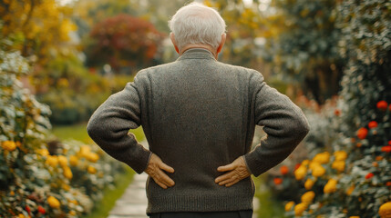 An elderly man stands outdoors in a suburban park clearly experiencing strain in his lower back while exploring nature