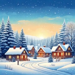 Fototapeta premium Village or town with houses and trees covered with snow. Mountains in the background. Christmas or winter illustration.