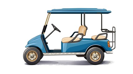 A blue golf cart with two seats, designed for leisure transport on golf courses or similar environments.