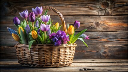 Obraz premium Wicker basket filled with vibrant purple tulips, yellow tulips, and delicate blue flowers against a rustic wood background.