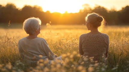 An elderly woman sits with her caregiver, gazing at a beautiful sunset in a serene outdoor space filled with warm light
