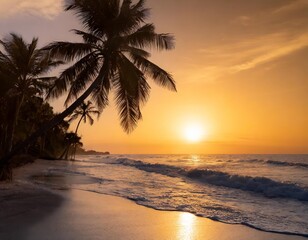 Fototapeta premium Tropical Sunset Over a Remote Beach With Palm Trees Silhouetted Against the Golden Horizon, While the Ocean Waves Gently Lap the Shoreline Under a Vibrant Orange Sky