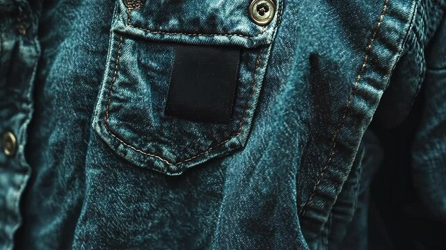 A close-up shot of a dark blue denim jacket, featuring a small black patch on the pocket