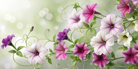 Obraz premium Delicate Petunias in Bloom, Cascading Down a Twining Vine, Their Soft Petals Displaying Hues of Purple and White Against a Blurred Green Background