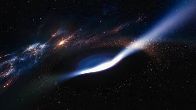 Cosmic jet erupting from galactic black hole surrounded by starry nebula