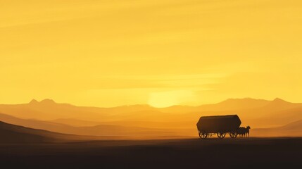 Obraz premium A lone wagon travels across a desert landscape at sunset.