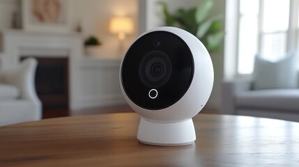 A rotating security camera with a clear lens and control panel is set in a well-lit indoor environment, showcasing modern design