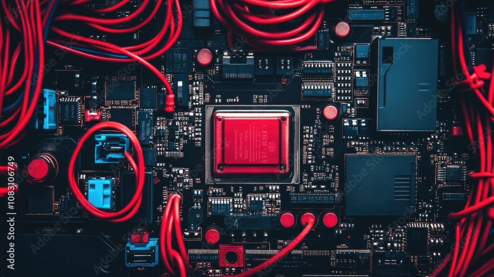 Poster intricate circuit board with red wires and components showcasing modern technology and complex elect