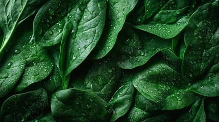 Naklejka premium Fresh and Crisp: Green Spinach Leaves with Dew Drops