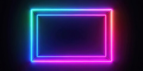 A glowing rectangle shaped neon frame with multiple layers of vibrant colors in the dark