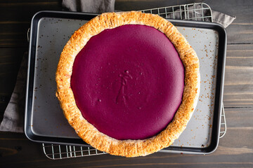 Purple Sweet Potato Pie with Pecan Shortbread Cookie Crust: Directly above a homemade sweet potato...