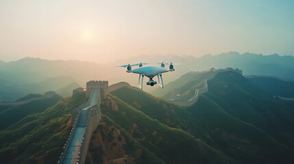Drone flying over the Great Wall of China at sunrise.