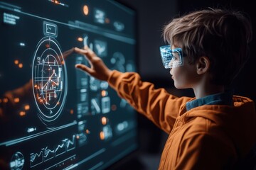 Student engaging with ai virtual tutor classroom digital interaction modern learning environment side view technology integration