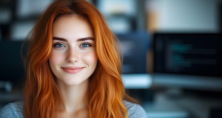 Obraz premium A young woman with vibrant red hair smiles joyfully while sitting in a modern office. The workspace features computers and an energetic atmosphere that enhances her stylish appearance.