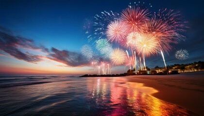 fireworks on the beach at dusk