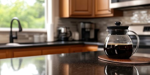 coffee brewing in coffee pot on kitchen counter