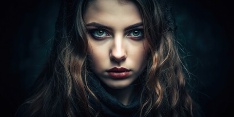 Naklejka premium A mysterious woman with long wavy hair stares intensely, her green eyes piercing the viewer, a hint of darkness lingers in her gaze.