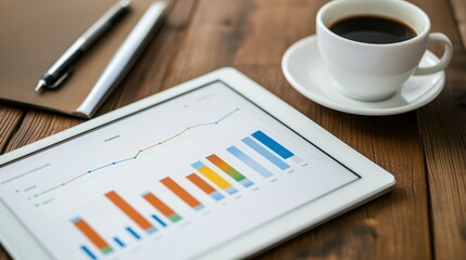 Business analytics chart displayed on tablet alongside a cup of coffee and stationery, capturing the essence of productivity and focus in a professional workspace.