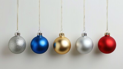 Five metallic Christmas ornaments hanging against a neutral background.