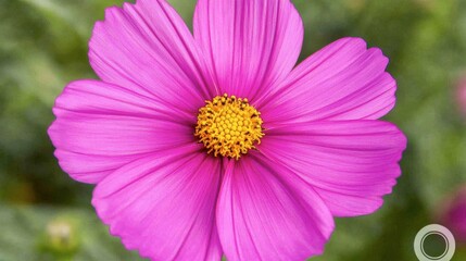 Fototapeta premium Vibrant Pink Cosmos Flower in Full Bloom with Delicate Petals and Bright Yellow Center Against a Green Background Providing a Touch of Natural Beauty