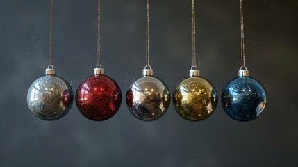 Five Glittering Christmas Ornaments Hanging Against a Dark Background