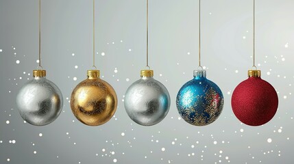 Five Elegant Christmas Ornaments Hanging Against a Gray Background with Snow