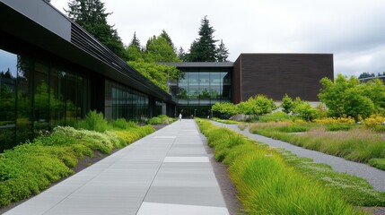 Fototapeta premium Modern Architecture and Lush Landscape Design in a Peaceful Outdoor Space with Greenery and Pathways for Relaxation and Reflection