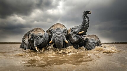 Fototapeta premium Playful Elephants Splashing in a River Under Dramatic Stormy Sky, Captivating Wildlife Scene with Majestic Creatures in Their Natural Habitat