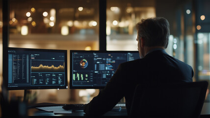 モニターに表示されたデータを分析する男性のビジネスシーン
