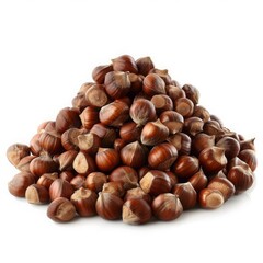 Obraz premium A pile of brown hazelnuts against a white background.