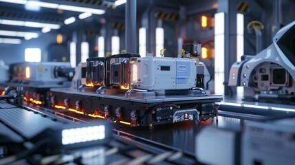 Automated Assembly Line Installing EV Battery Pack in Modern Factory