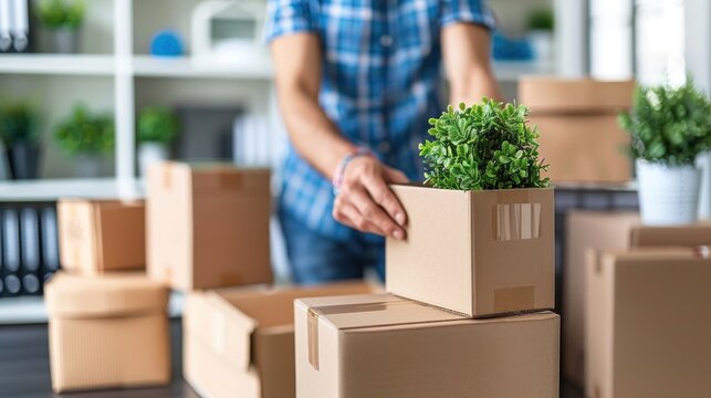 A person arranges books on a shelf, unpacking boxes and setting up decor items while transitioning into a new home filled with natural light