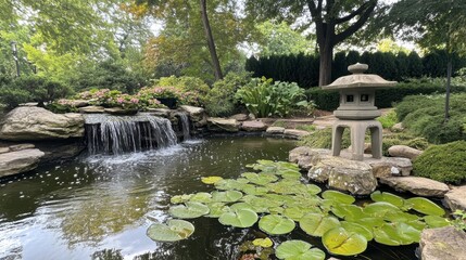 Naklejka premium Serene Japanese Garden Featuring Waterfall, Stone Lantern, Lush Plants, and Lily Pads in Tranquil Natural Setting Perfect for Relaxation and Reflection