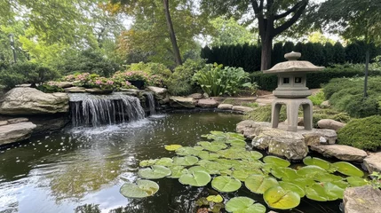 Tuinposter  Serene Japanese Garden Featuring Waterfall, Stone Lantern, Lush Plants, and Lily Pads in Tranquil Natural Setting Perfect for Relaxation and Reflection  © Puttipong
