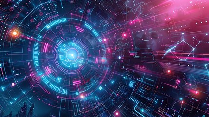 Obraz premium A vibrant, futuristic digital interface with abstract patterns and glowing elements.